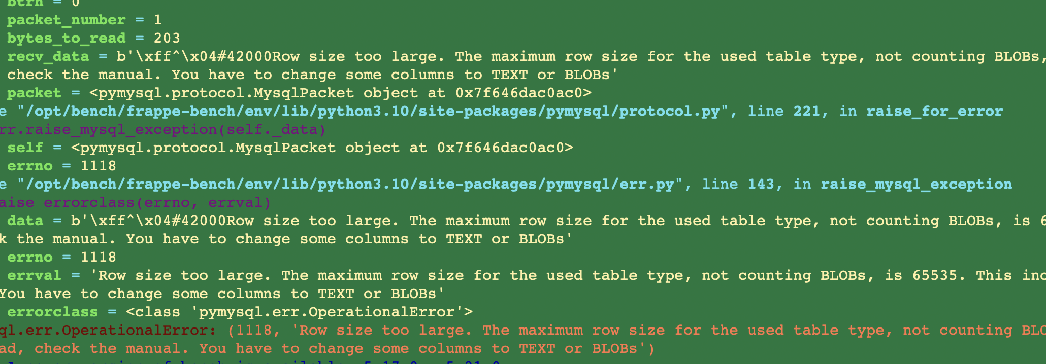 Row size too large. The maximum row size for the used table type, not counting BLOBs, is 65535 - Cover Image